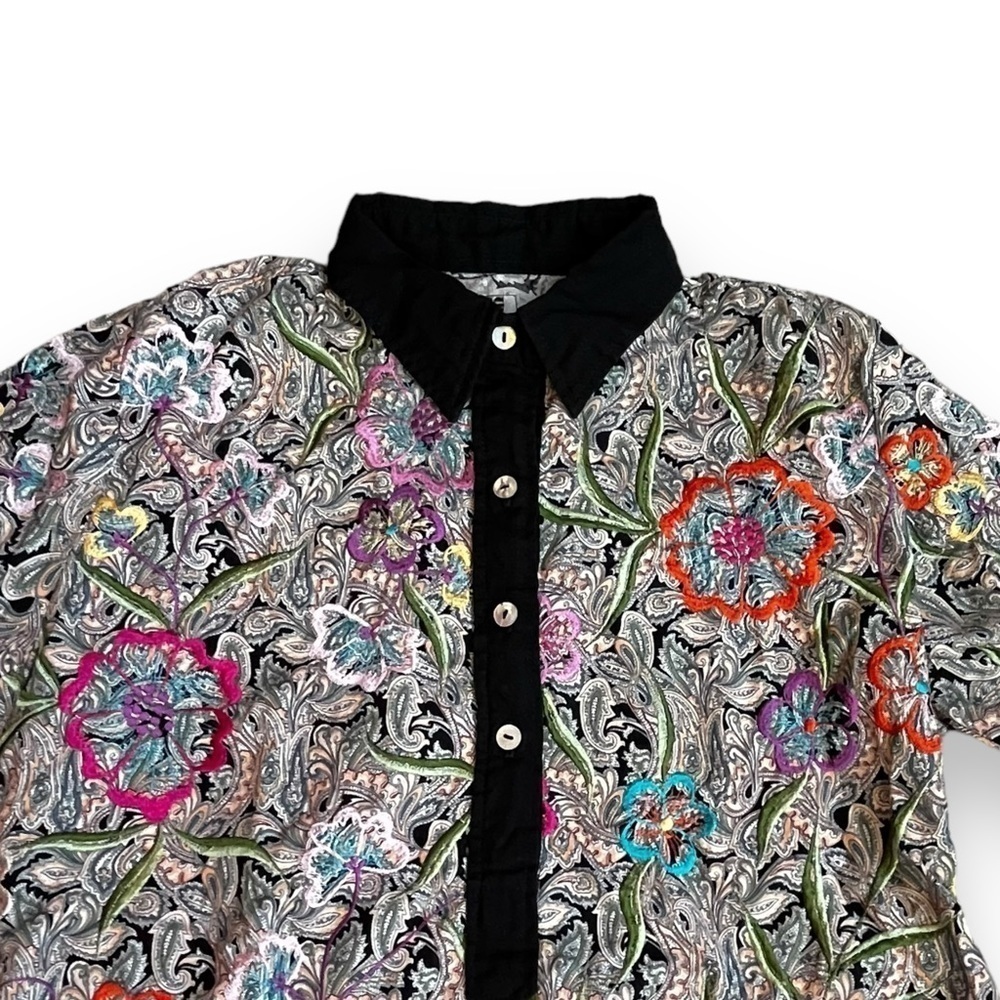 PONG Poco Ltd Popover Blouse Black Paisley Floral Embroidery Boho Size XS